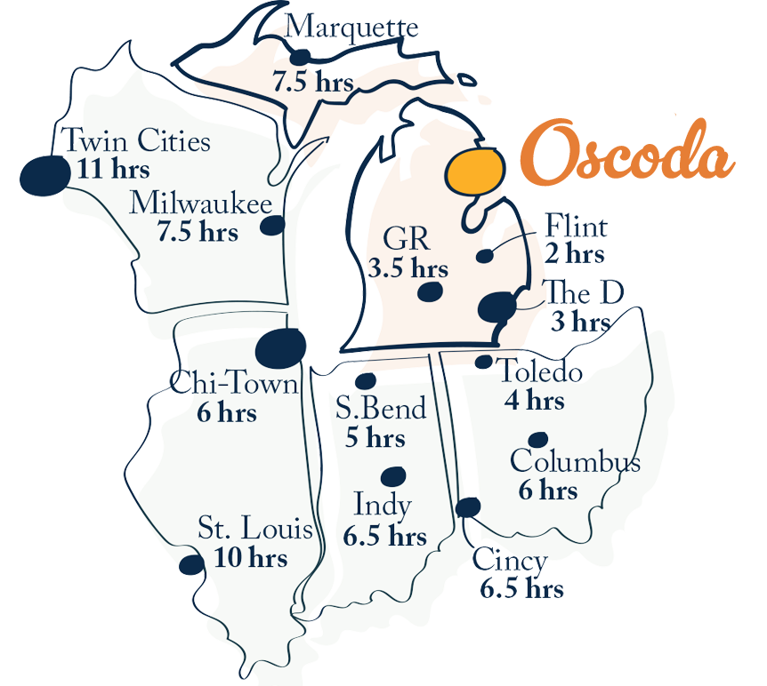 regional map of the midwest with oscoda highlighted and distances from various cities in the area to oscoda
