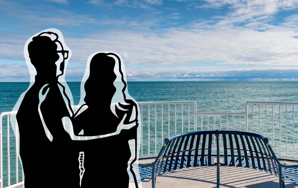 vector art of couple looking out on lake huron at the end of the pier on a bright sunny day with a bench