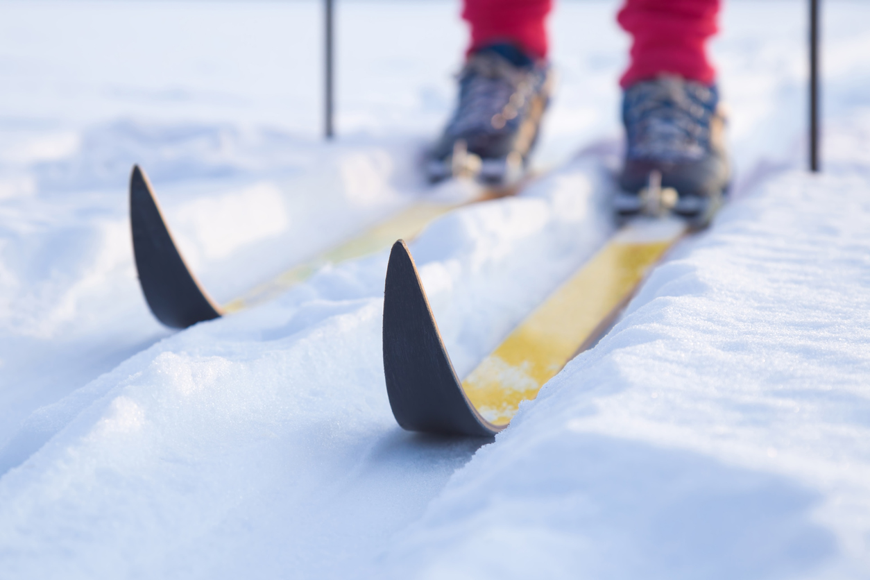 Close up of cross country skis on trail