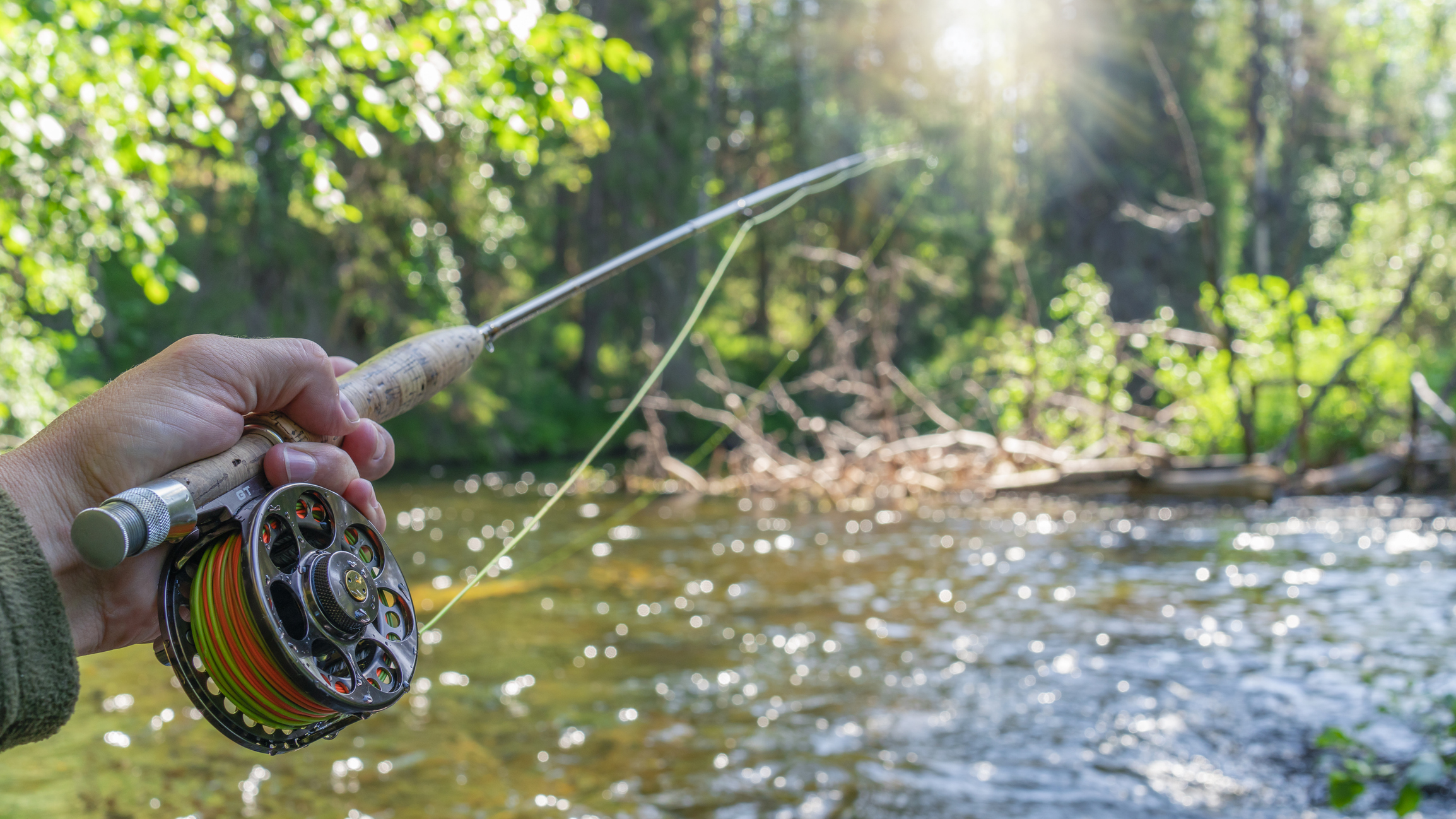 Fly fishing rod in fisherman hand. Fishing on the mountain river. Summer Activities. Person fly fishing on river in spring