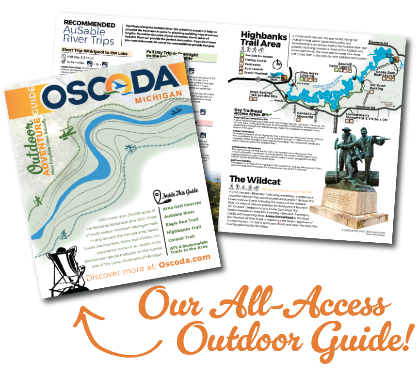 rendering of oscoda outdoor guide with call to action to click the button to access our digital copy
