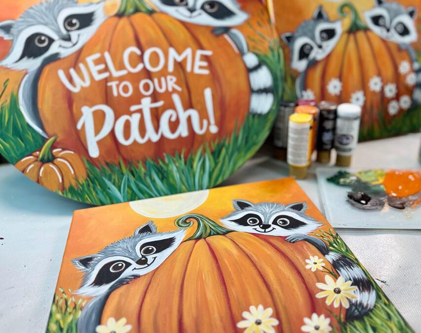 Pumpkin with racoon paintings made at workshop