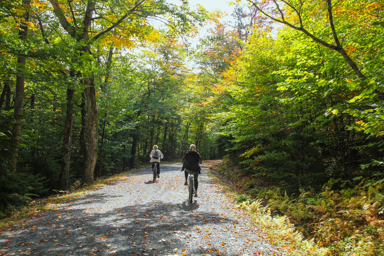 Ladies biking paved trail in fall